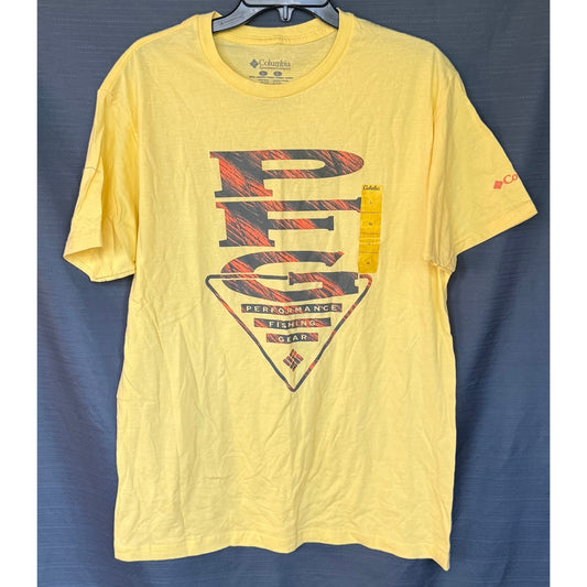 Front of men's Columbia PFG yellow short sleeve T-shirt with large black and orange Performance Fishing Gear graphic and Columbia sleeve logo.