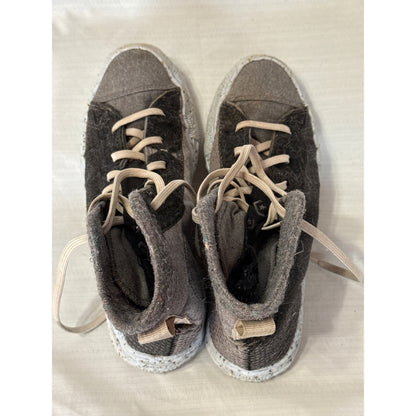 Top view of gray and black Converse Crater high-top sneakers showing ecru laces, textured fabric, and padded collars.