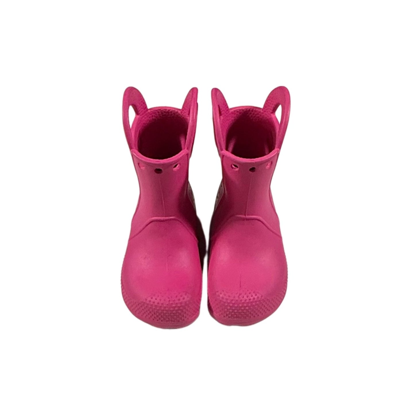 Pink Crocs toddler rain boots size C7 front view.