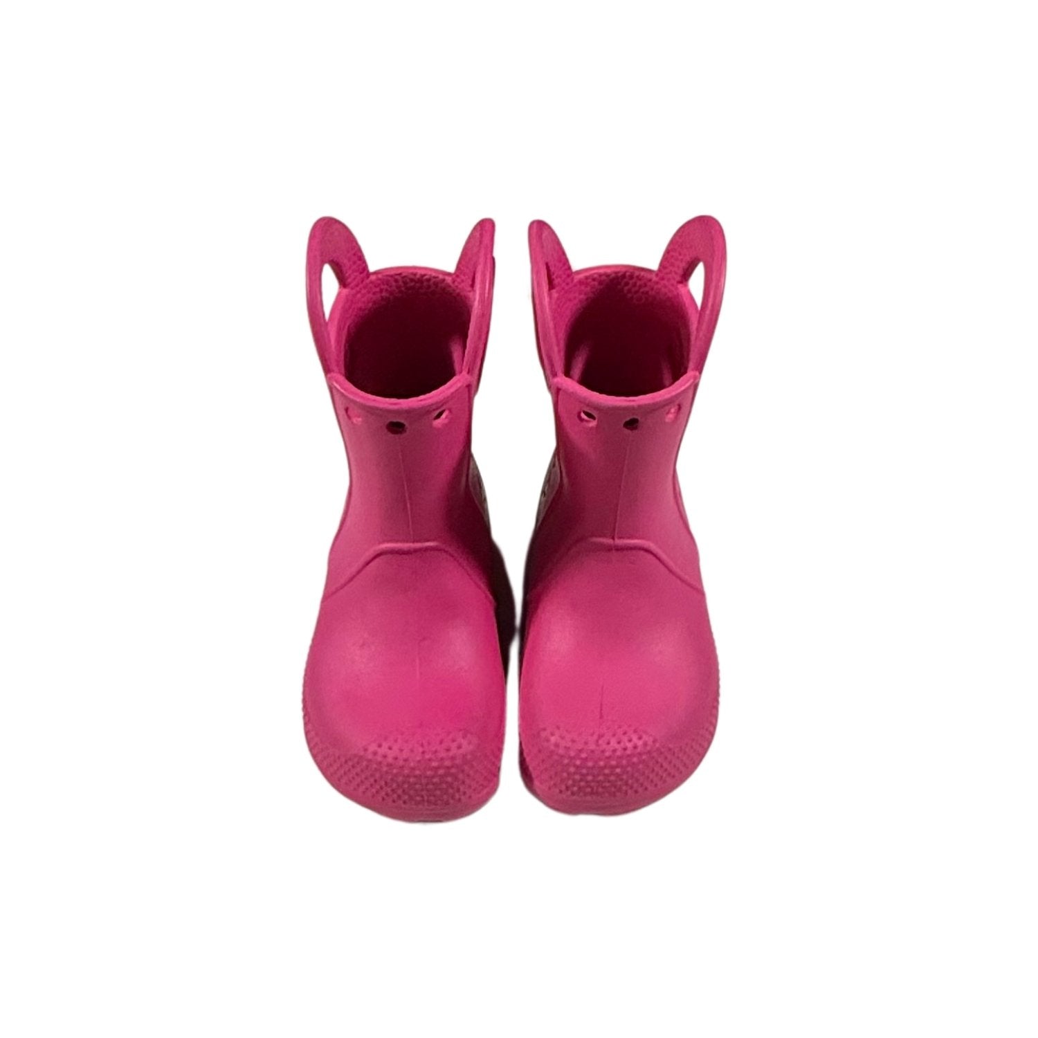Pink Crocs toddler rain boots size C7 front view.