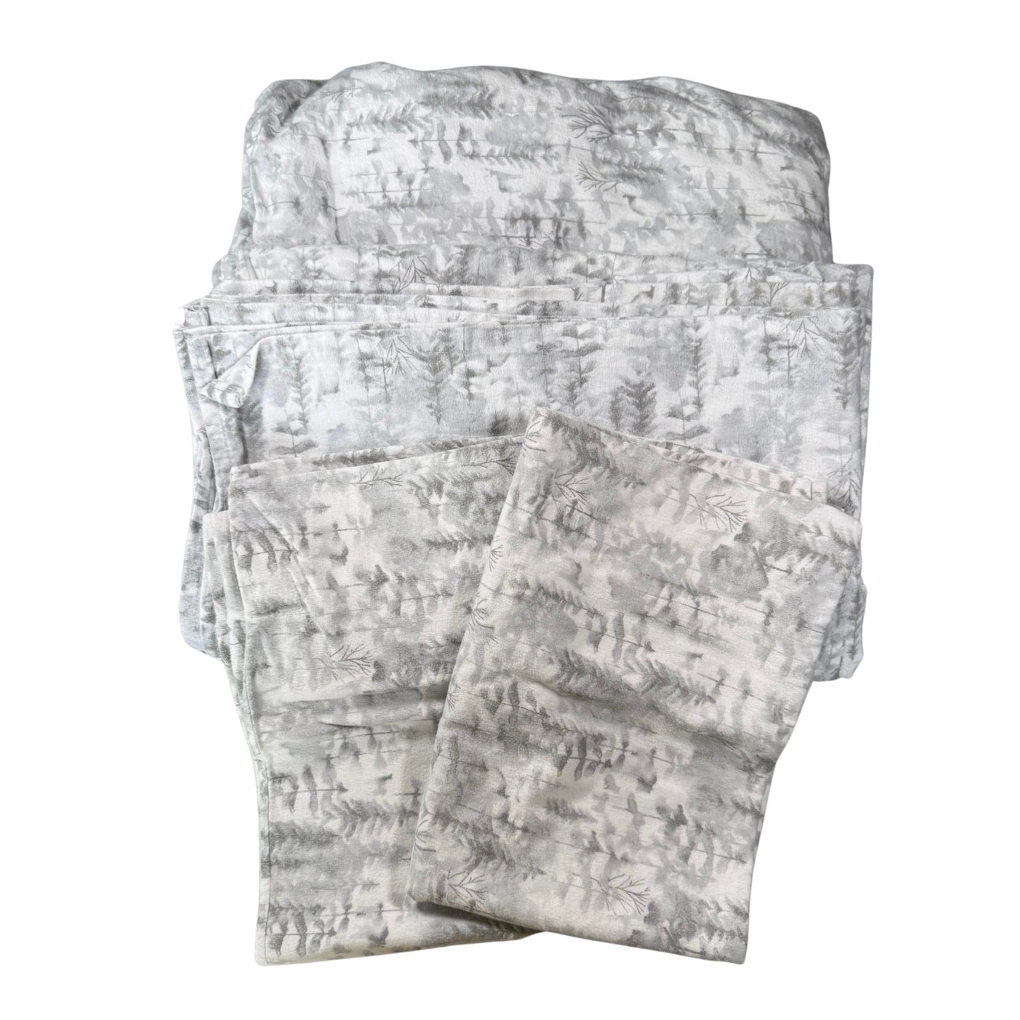 Cuddl Duds Painted Forest full flannel sheet set in gray and white woodland pattern.