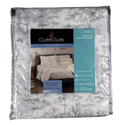 Cuddl Duds Painted Forest flannel sheet set in gray and white woodland pattern.