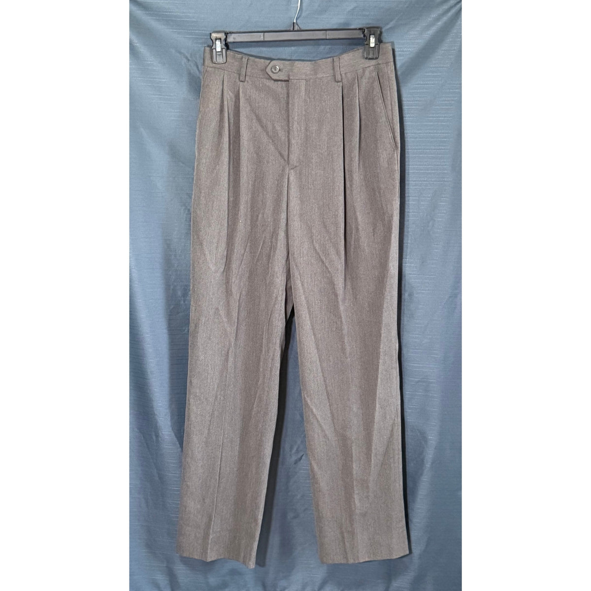 Front view of David Taylor men's gray pleated dress pants size 34x34 with straight legs and side pockets.