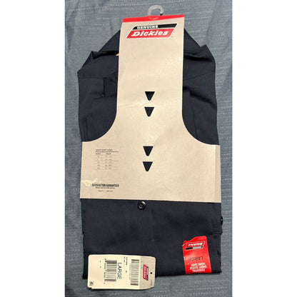 New Genuine Dickies men's large navy short sleeve work shirt folded in original retail packaging with size chart and hangtags.