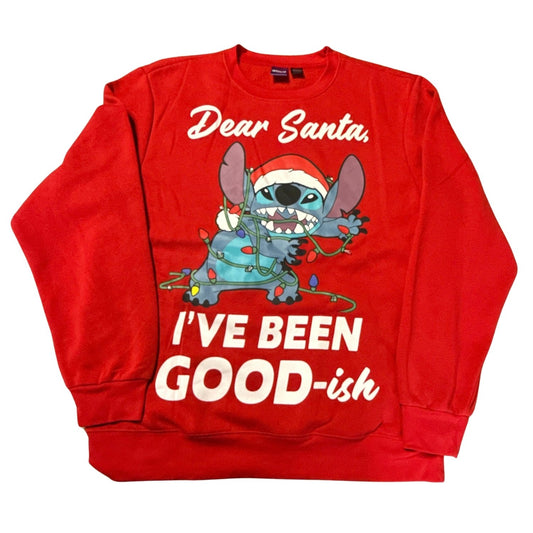 Front of Disney Stitch adult XL red Christmas sweatshirt with Dear Santa I’ve Been Good-ish graphic