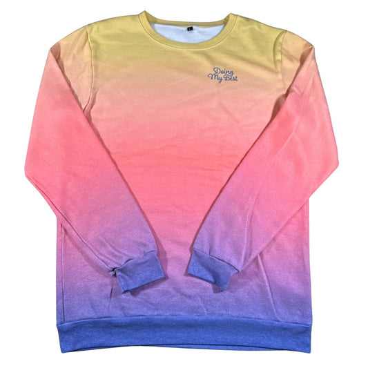 Front of women’s large Doing My Best sweatshirt with yellow, coral, pink, purple, and blue gradient