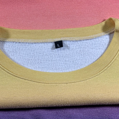Large size tag inside multicolor gradient crewneck sweatshirt