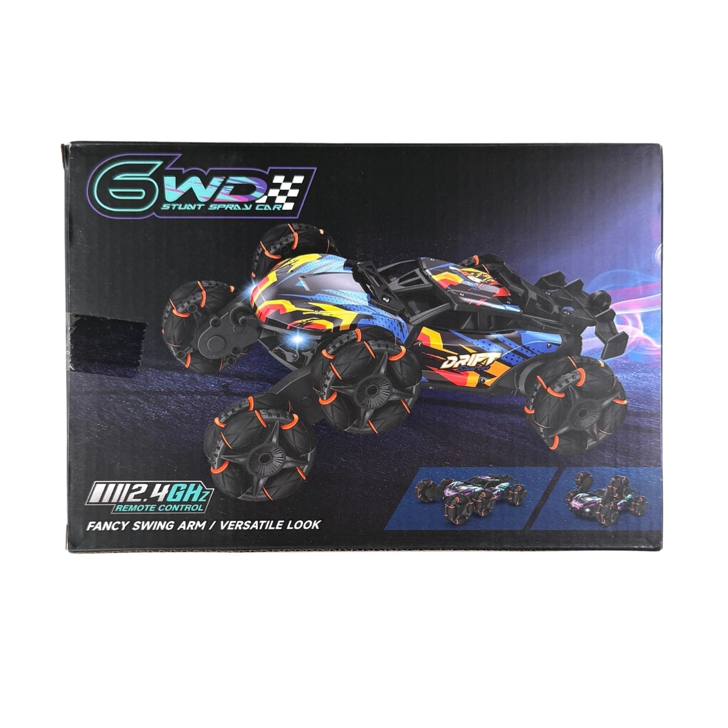 Remote control drift stunt car with 6WD and LED lights for kids ages 6+.