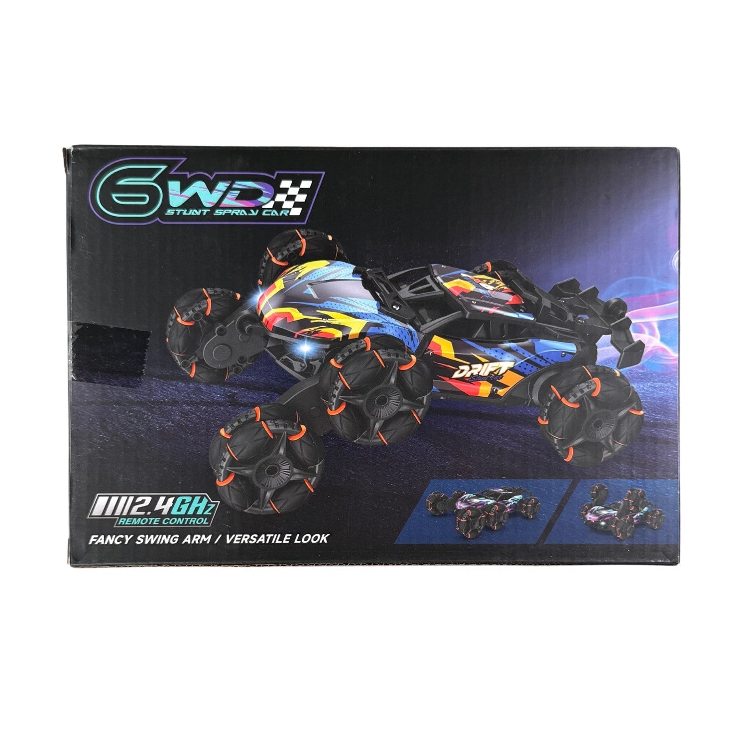 Remote control drift stunt car with 6WD and LED lights for kids ages 6+.