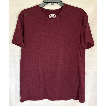 Front view of burgundy Ecko Unltd. men’s medium V-neck T-shirt with subtle heathering and a straight hem.