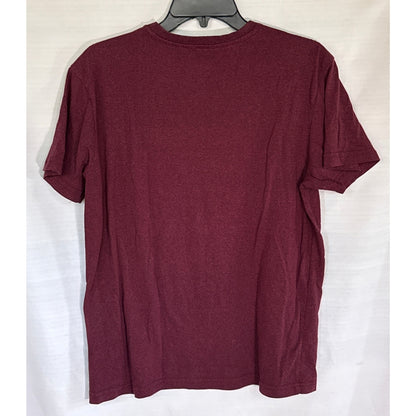 Back front view of burgundy Ecko Unltd. men’s medium T-shirt with a V-neck, short sleeves, and small shoulder logo.