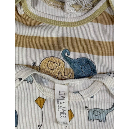 Children's clothing with elephant design and 'Liam & James' label on a white background