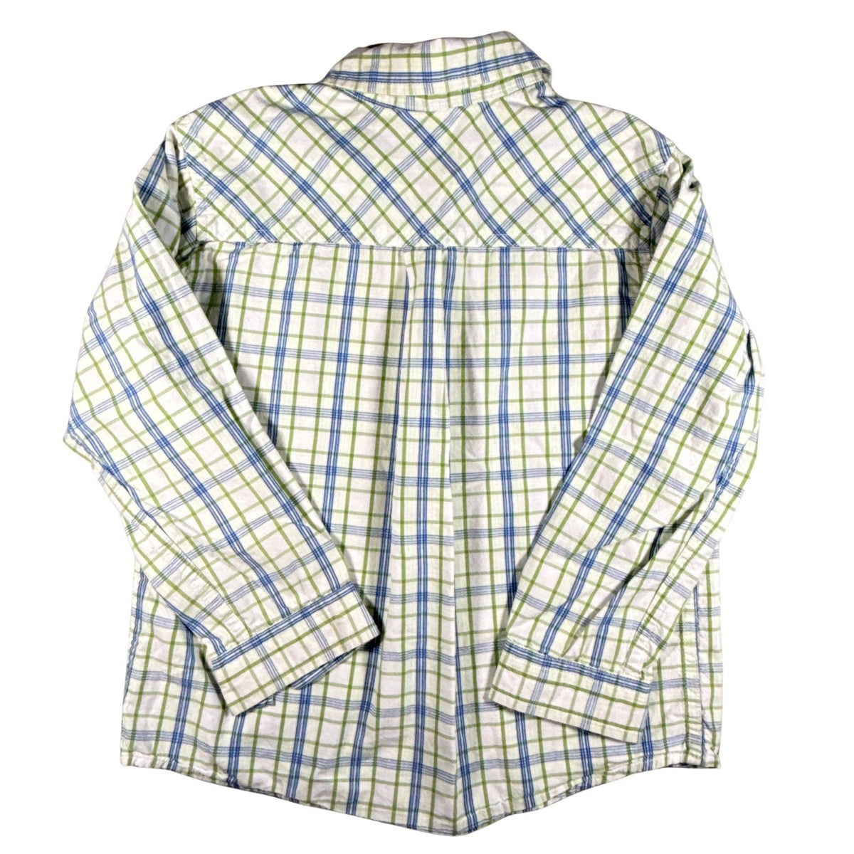 Back view of Faded Glory boys size 5T green, blue, and white plaid long-sleeve shirt.