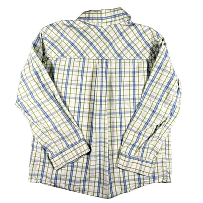 Back view of Faded Glory boys size 5T green, blue, and white plaid long-sleeve shirt.
