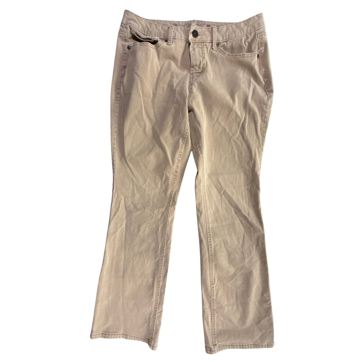 Front view of Faded Glory boys’ size 14A tan Ultimate Boot pants with button closure and pockets.