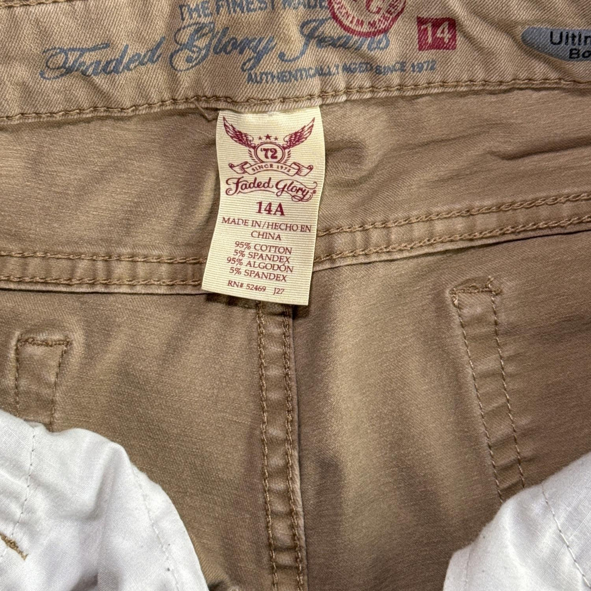 Faded Glory size 14A label showing the Ultimate Boot style and 95% cotton, 5% spandex fabric content.
