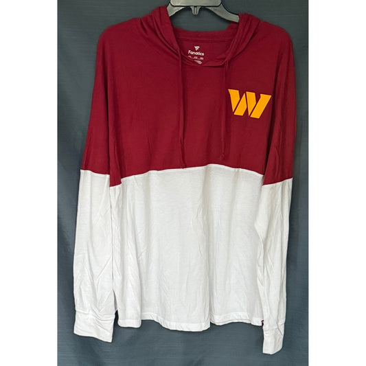 Front view of Fanatics men's 2XL Washington Commanders long sleeve hooded shirt with burgundy upper section, white lower section and gold W logo.