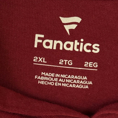 Fanatics men's 2XL size label printed inside burgundy Washington Commanders hooded long sleeve shirt.