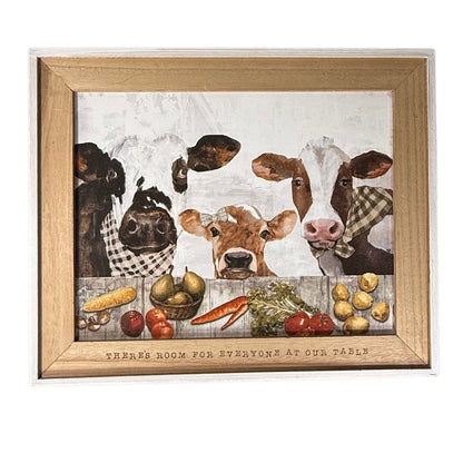 Framed farmhouse wall art with cow family at table and engraved quote