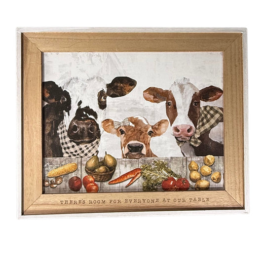 Framed farmhouse wall art with cow family at table and engraved quote