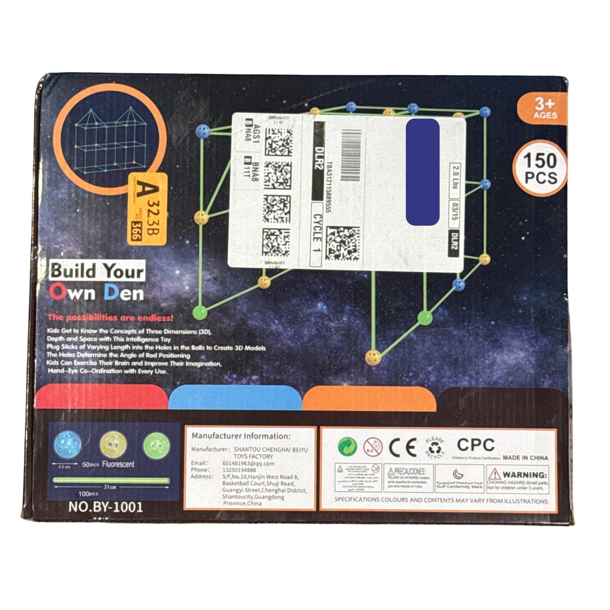 Back of Fun Sports Glow fort building kit packaging showing product details and building ideas.