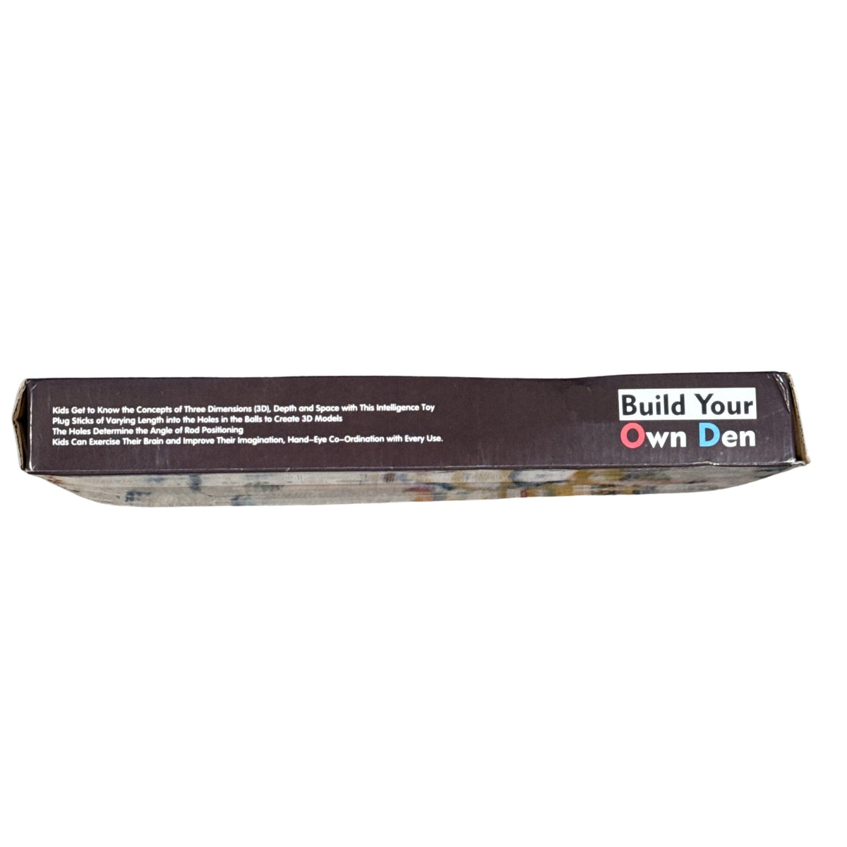 Side view of original manufacturer packaging for 150-piece kids fort building toy.