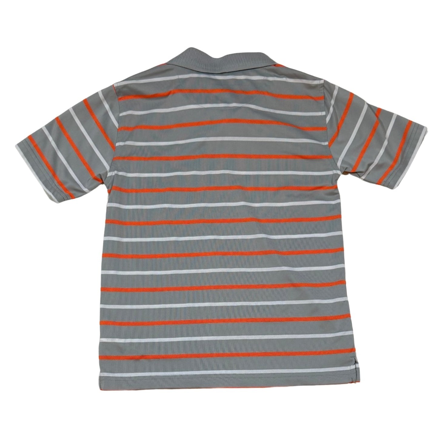 George boys size 8 gray orange and white striped polo shirt back view