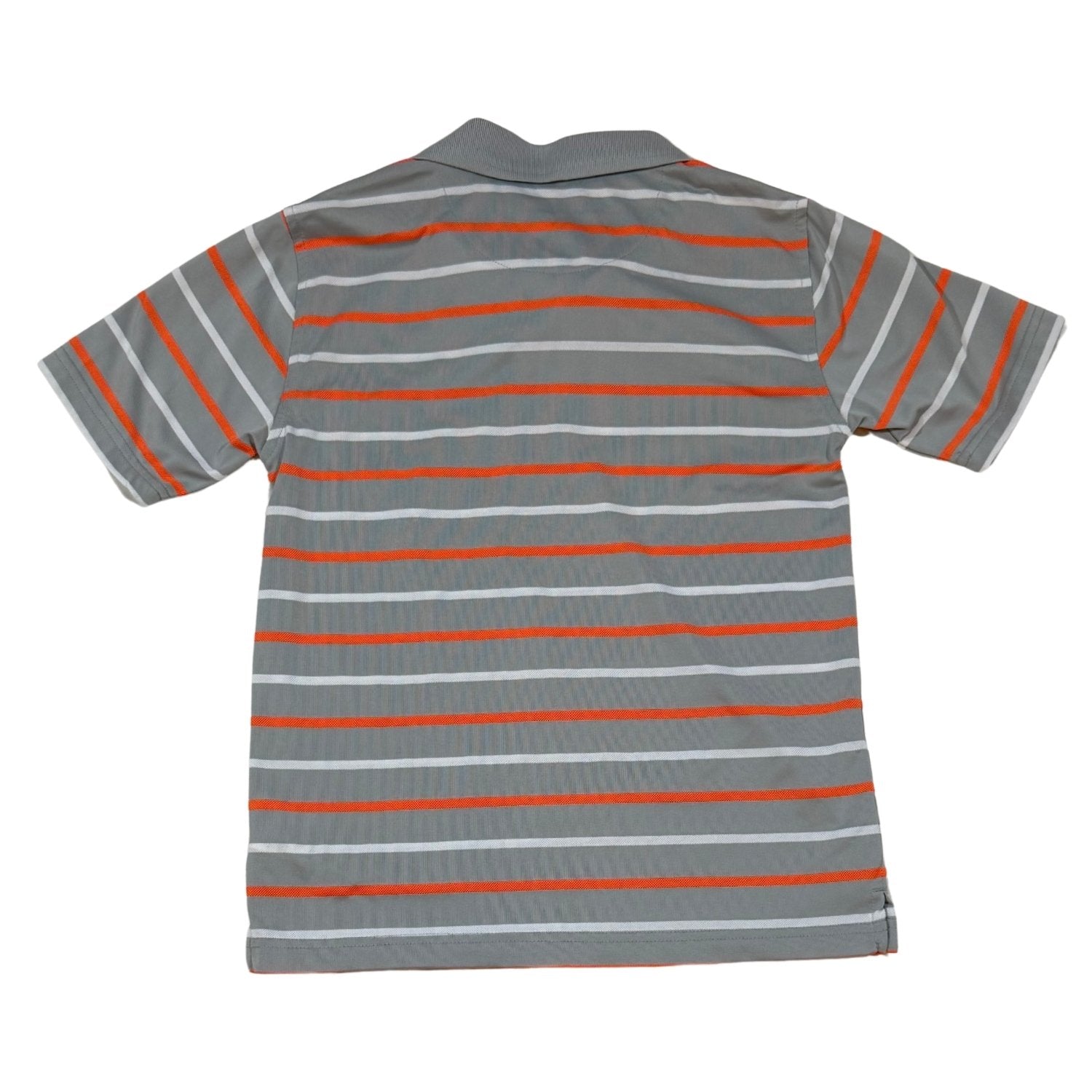 George boys size 8 gray orange and white striped polo shirt back view