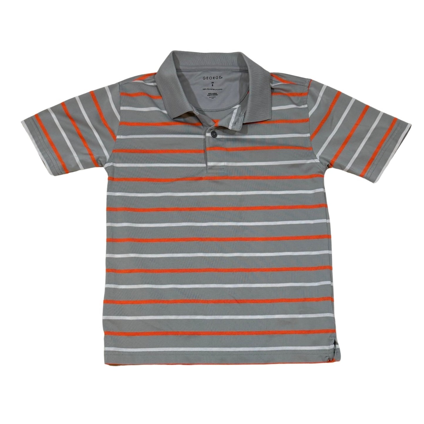 George boys size 8 gray polo shirt with orange and white stripes front view