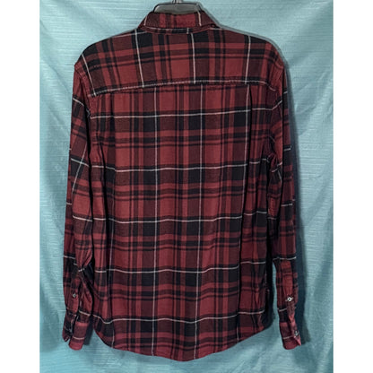 Back view of George men's medium burgundy and black plaid long sleeve flannel shirt with curved hem and back yoke.
