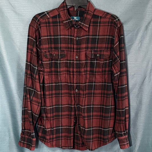 Front view of George men's medium burgundy and black plaid button-up flannel shirt with two button-flap chest pockets and long sleeves.
