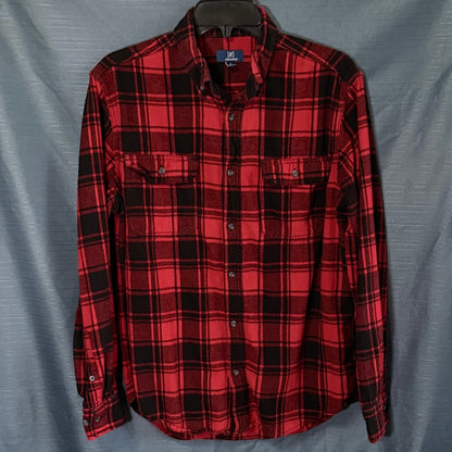 Front view of George men's medium red and black plaid cotton flannel shirt with button-down collar and two button-flap chest pockets.