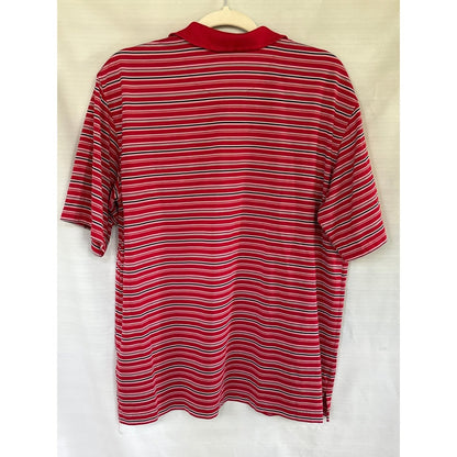 Back view of a George men’s large red polo shirt with black, white, and pink horizontal stripes.