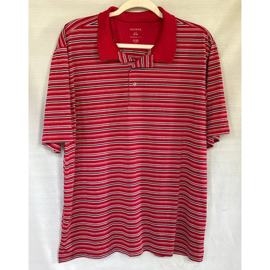 Front view of a George men’s large striped polo shirt with a solid red collar, button placket, and short sleeves.