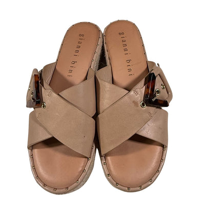 Front view of Gianni Bini women's tan leather slide sandals.