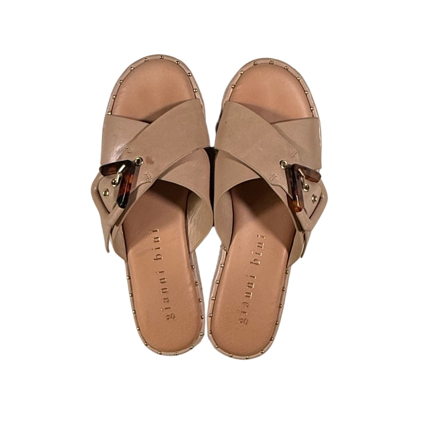 Top view of Gianni Bini tan leather sandals.