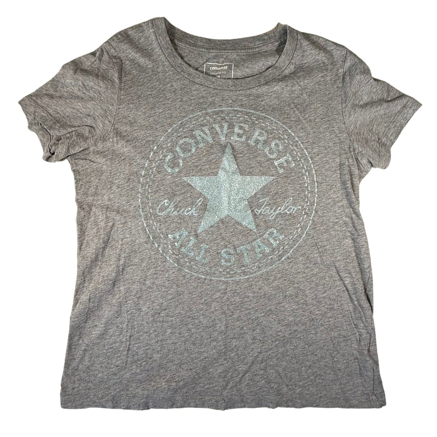 Girls gray Converse t-shirt with turquoise glitter logo front view