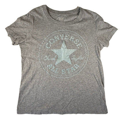 Girls gray Converse t-shirt with turquoise glitter logo front view