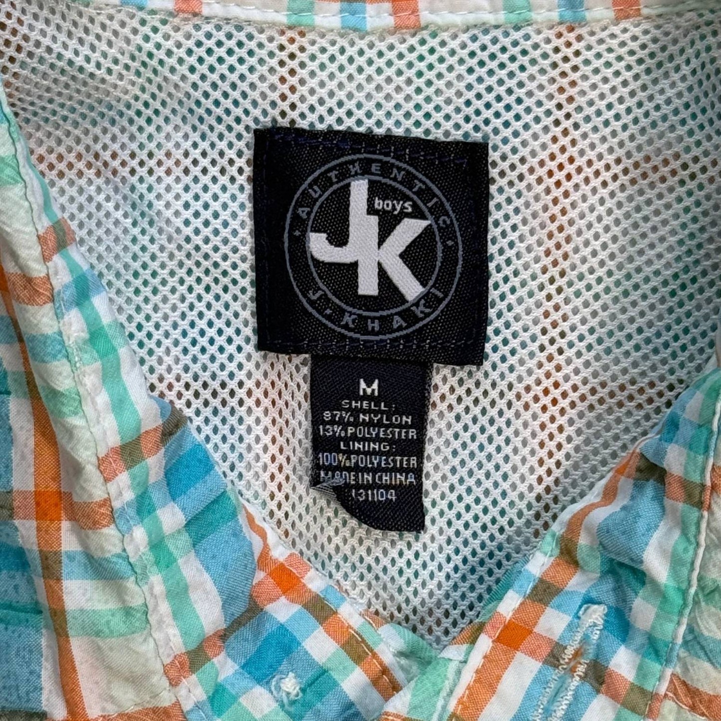 JK Boys Authentic J. Khaki plaid fishing shirt size Medium brand and material tag