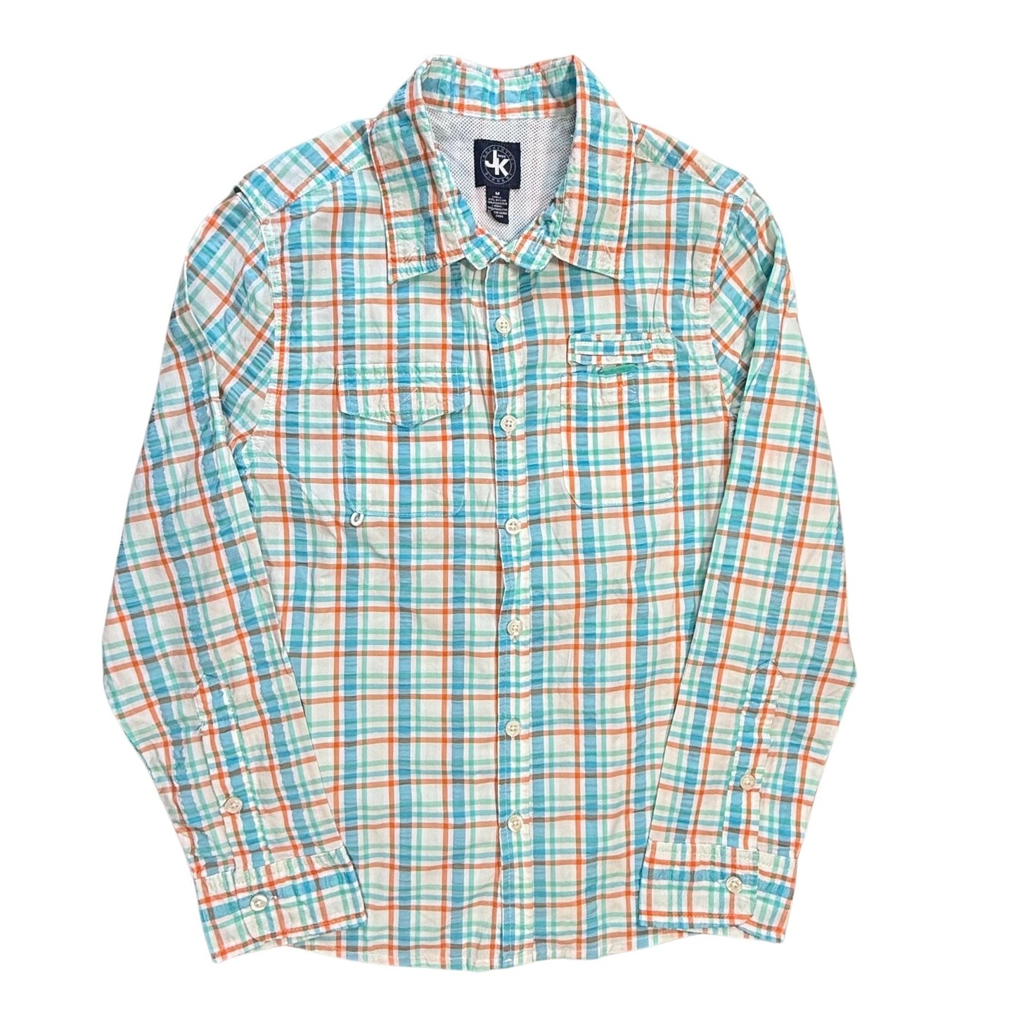Front view of JK Boys multicolor plaid button-up fishing shirt size Medium