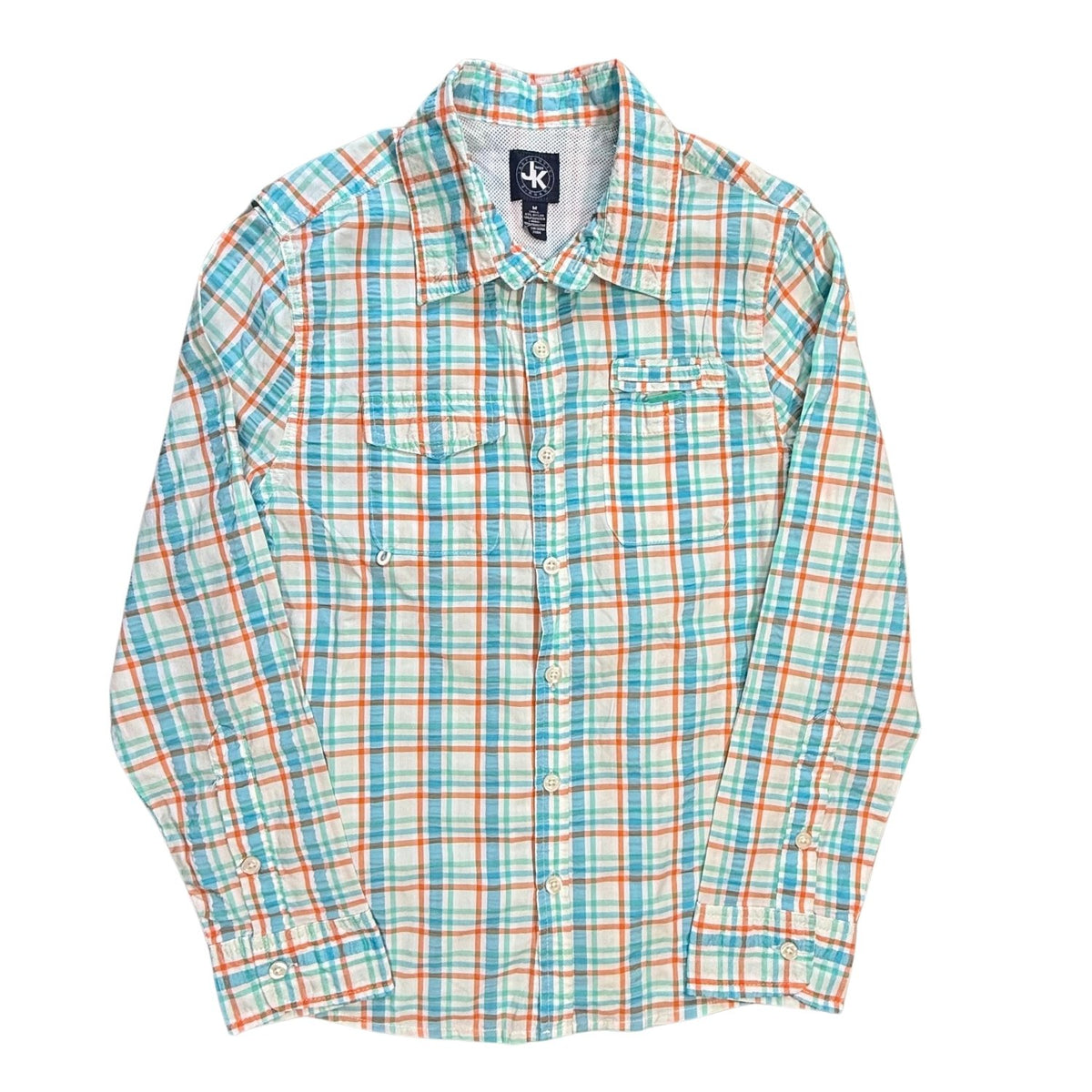 Front view of JK Boys multicolor plaid button-up fishing shirt size Medium