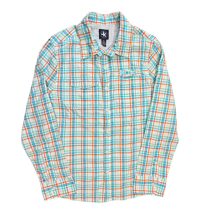 Front view of JK Boys multicolor plaid button-up fishing shirt size Medium