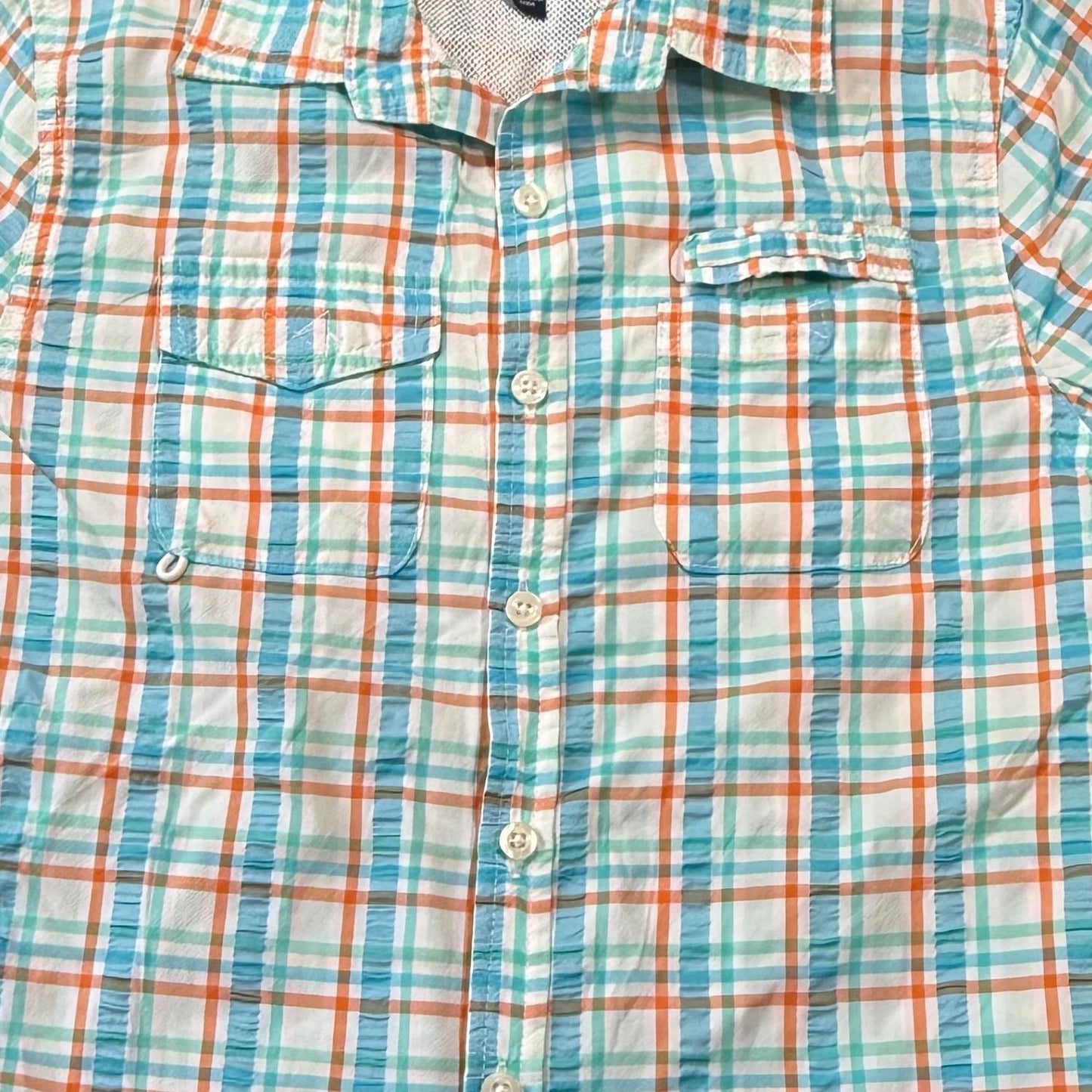 JK Boys plaid fishing shirt size Medium front utility pockets and accessory loops