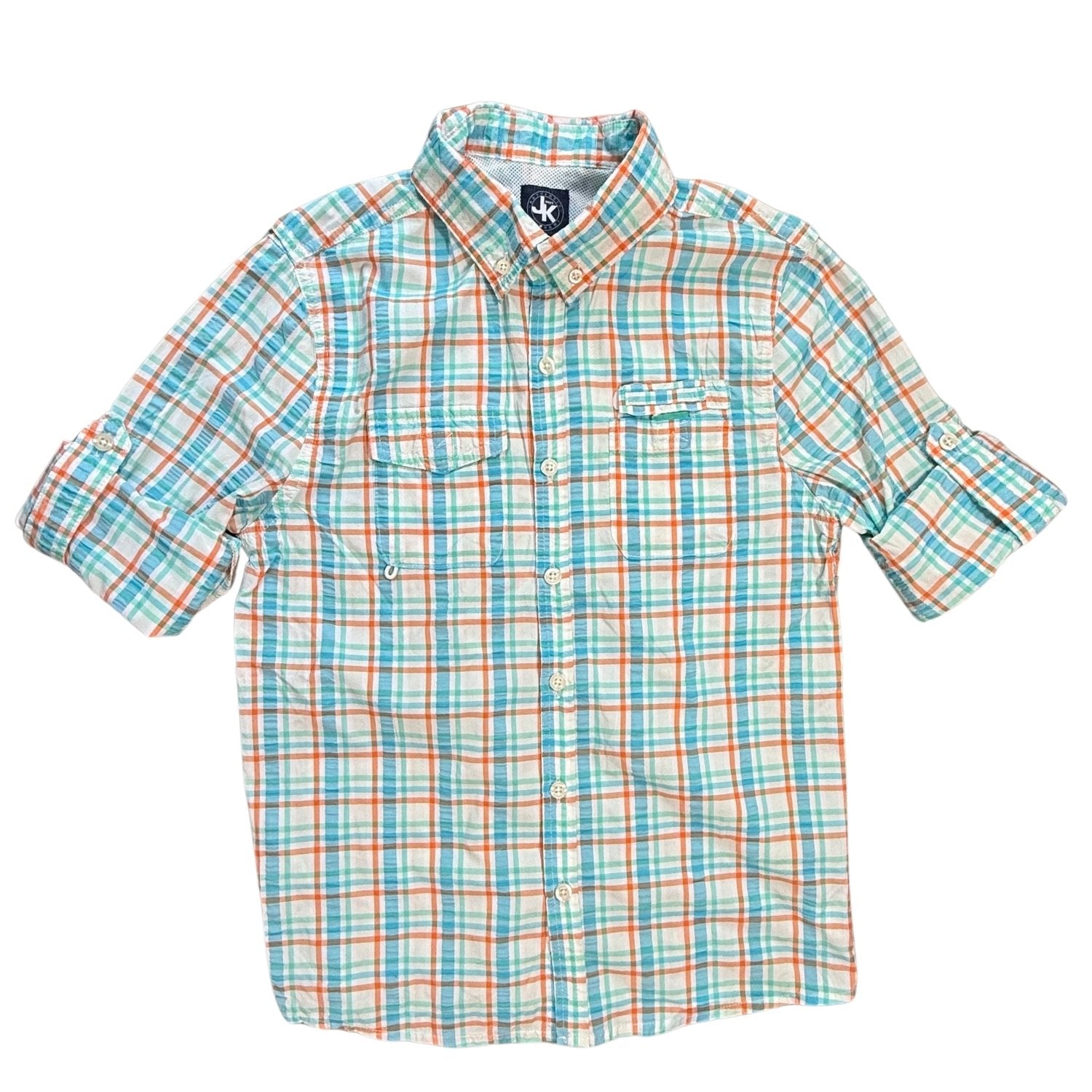 JK Boys plaid fishing shirt size Medium with sleeves rolled and secured by button tabs