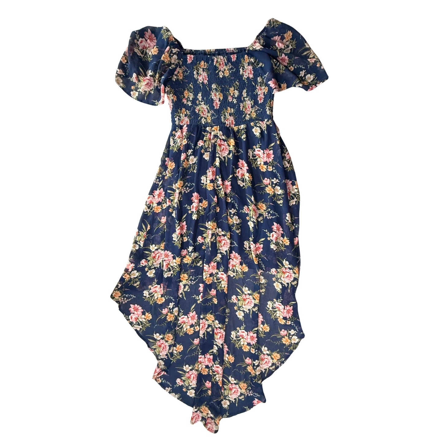 Juniors medium blue floral high-low dress back view flowy hem