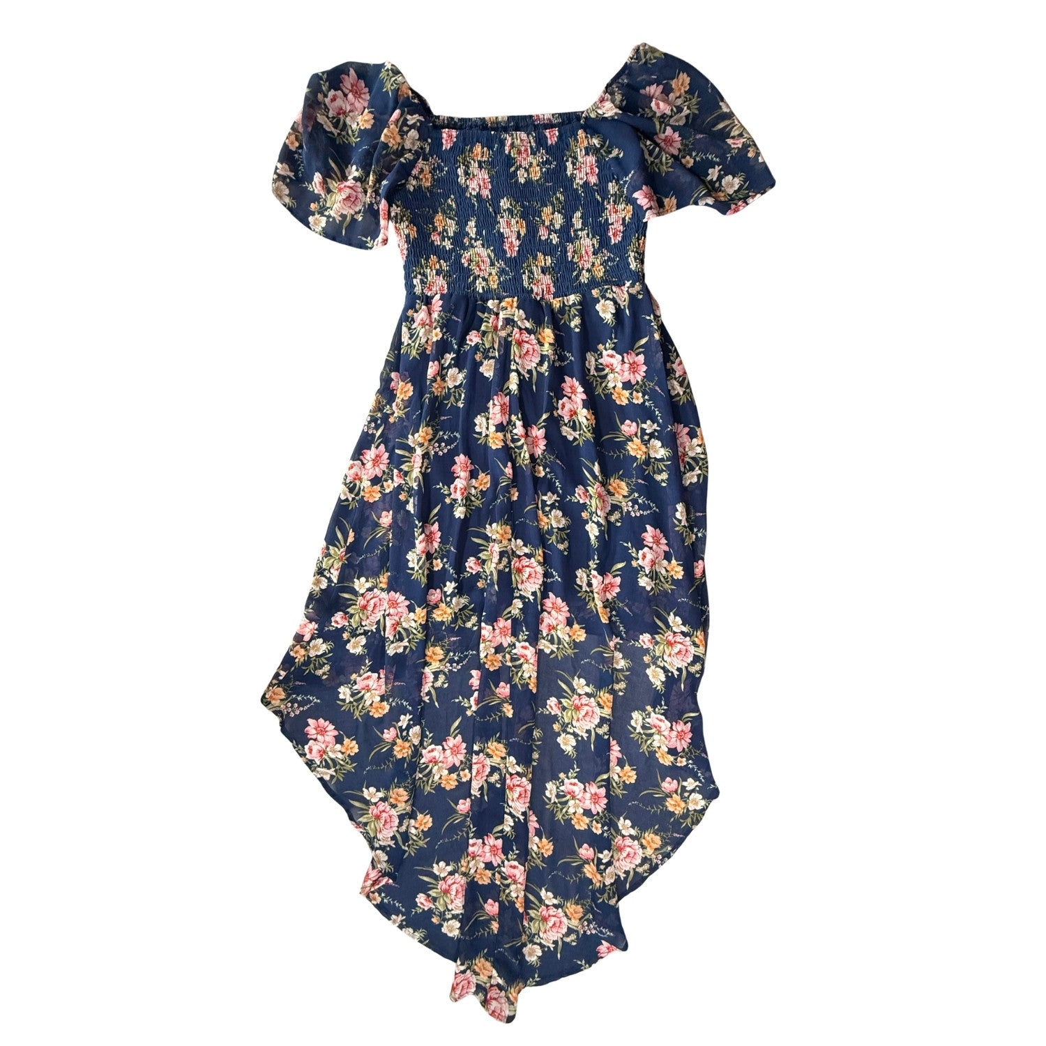 Juniors medium blue floral high-low dress back view flowy hem