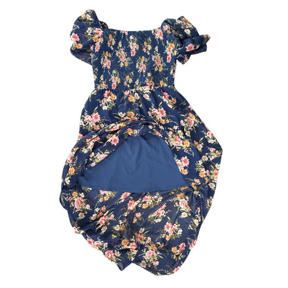 Juniors medium blue floral high-low dress with slip close-up