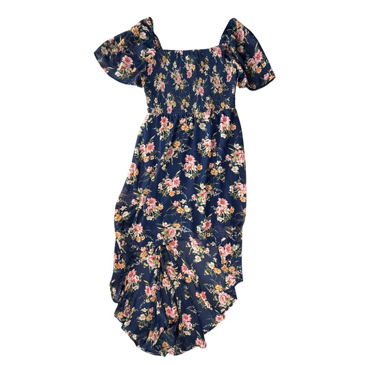 Juniors medium blue floral smocked high-low chiffon dress front view