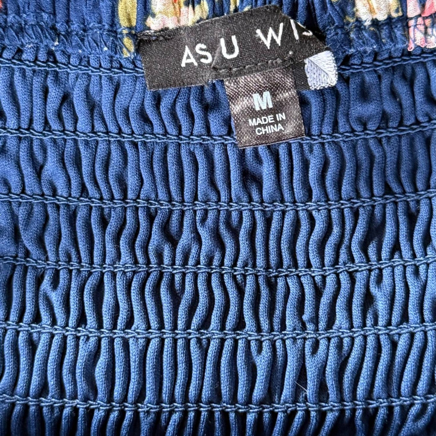 As U Wish brand tag on blue floral chiffon dress