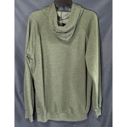 Back view of Just4Wear large heather green pullover hoodie showing attached hood, raglan sleeves and ribbed hem.